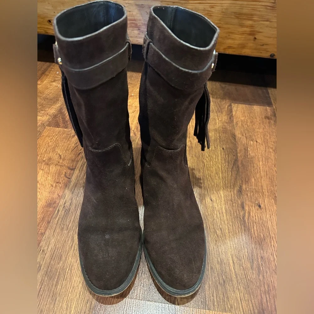 Michael Kors Rhea Brown Suede Mid Calf Boots Fringe Pull On Womens Size 7.5